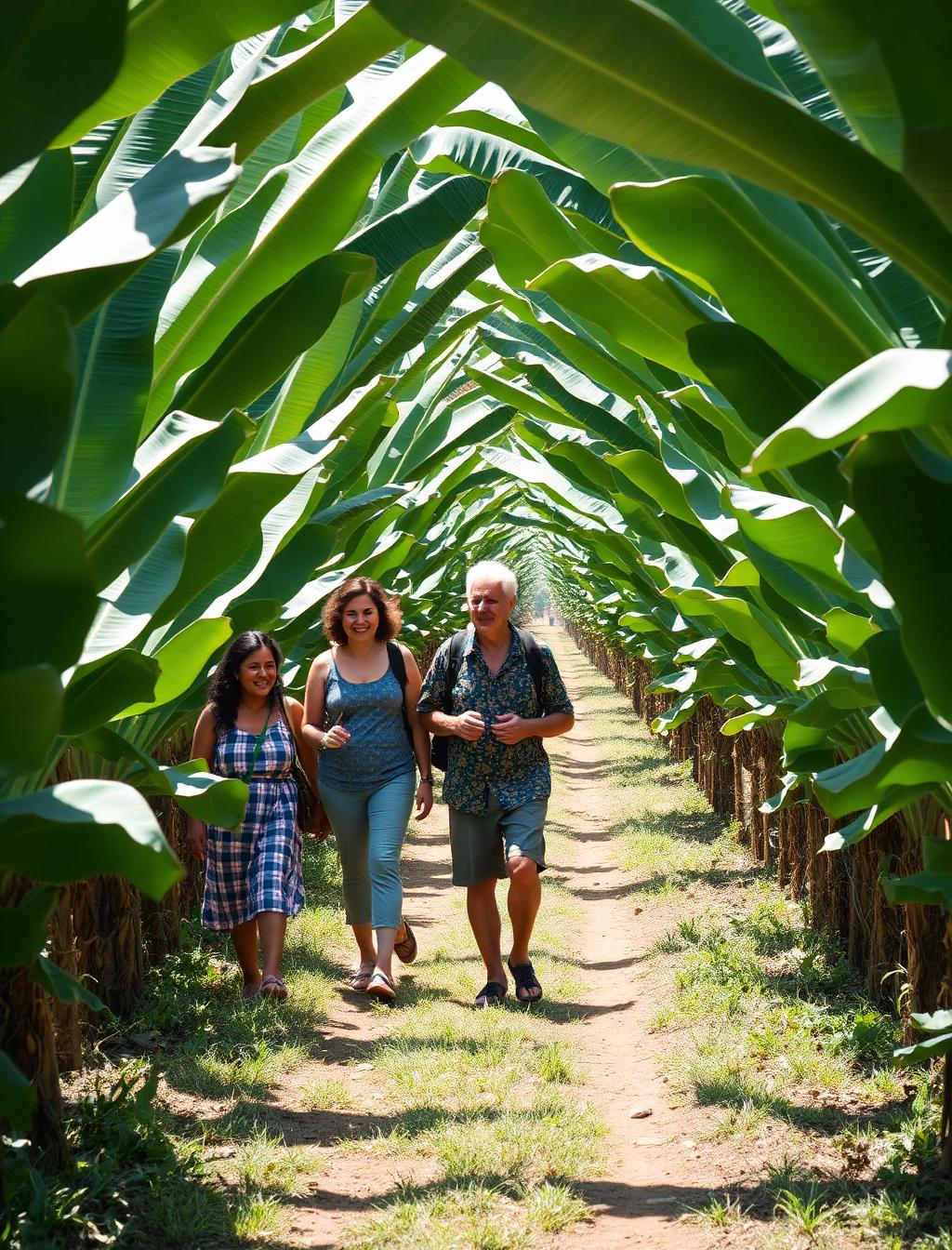 Tourists walking through an African banana plantation