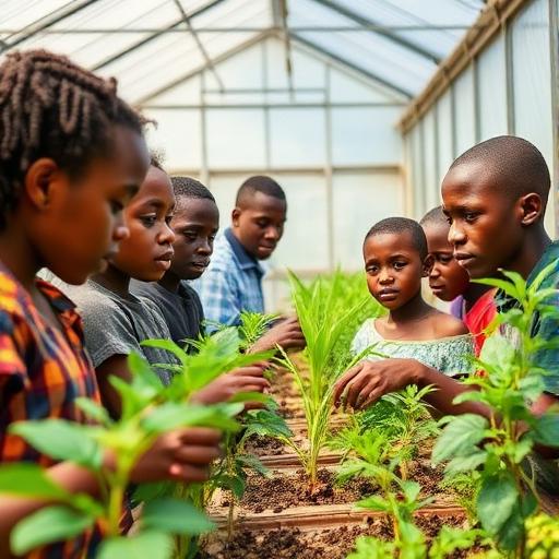 Students learning in a modern greenhouse