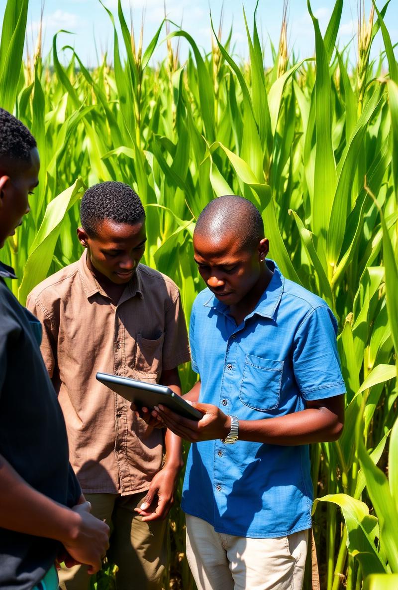 Farmers using tablet in corn field