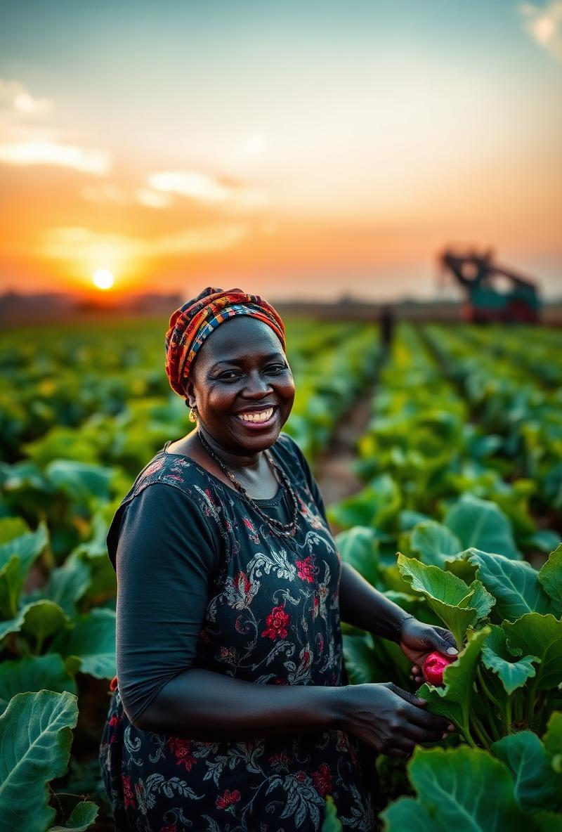 Woman tending vegetables at sunset