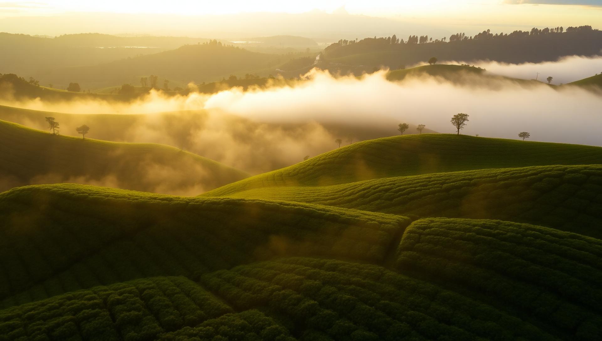 Drone view of a Ugandan tea plantation at sunrise